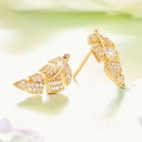 24k Gold Plated Diamond Leaf Earrings - Picture 4 of 7